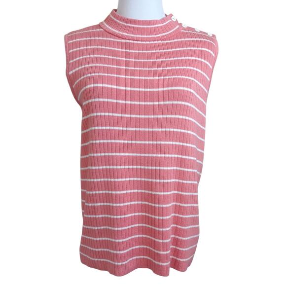 TALBOTS Sleeveless Sweater Large Light Mock Neck Soft Cotton Blend‎ Pink Stripes - Picture 2 of 8